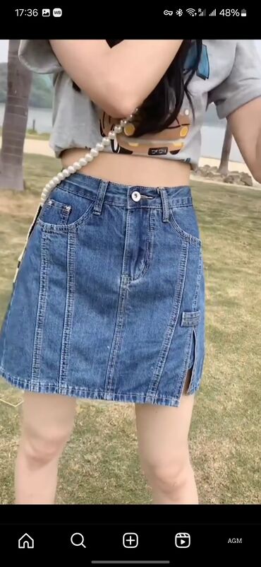 юбка из джинсовой ткани: Юбка, Модель юбки: Прямая, Мини, Джинс, Высокая талия, С вырезом
