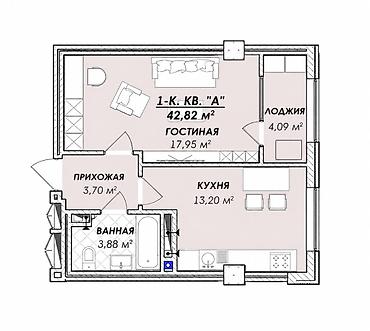 Продажа квартир: 1 комната, 42 м², Азия Молл Элитка, 7 этаж, ПСО (под самоотделку) — 2