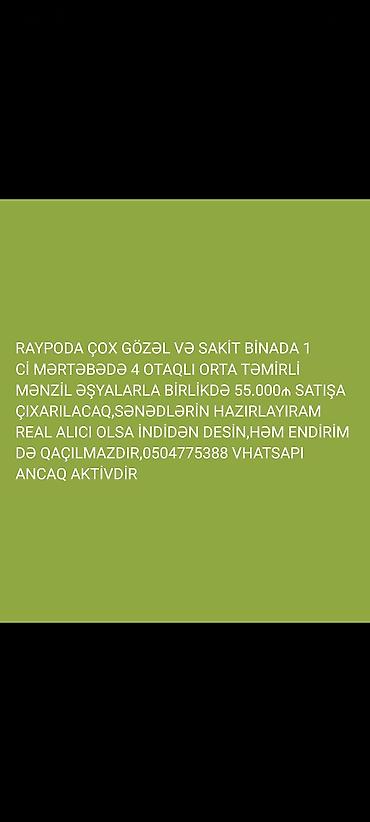 binədə: Raypoda sakit və gözəl binada yerləşən 1-ci mərtəbədə 4 otaqlı mənzil — 1