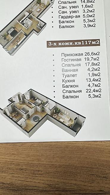 Продажа квартир: 3 комнаты, 117 м², Юбилейка Элитка, 7 этаж, ПСО (под самоотделку) — 1