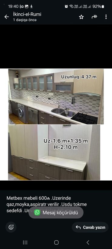 Mətbəx mebeli: Metbex mebeli 600₼ .Uzerinde qaz,moyka,aspiratr verilir .Usdu tokme