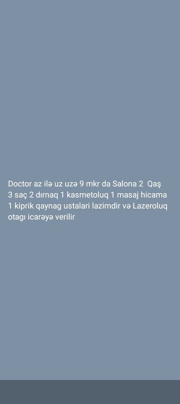 sac salonlari: Saç ustası tələb olunur, Yerin icarəsi, 1-2 illik təcrübə