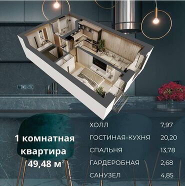 1 комнатная квартира бишкек снять долгосрочно: 1 бөлмө, 49 кв. м, Жеке план, 2 кабат, ПСО (өзү оңдоп түзөтүп бүтүү үчүн)