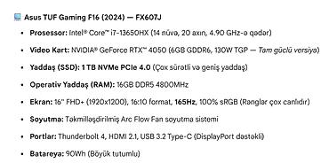 gaming computer: ASUS TUF Gaming F16 (FX607) noutbuku 2800 azn alınıb 4 ay işlənib — 5