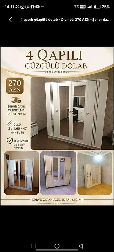 4 qapılı güzgülü dolab və makiyaj masası dəsti Dolab: - 4 qapı