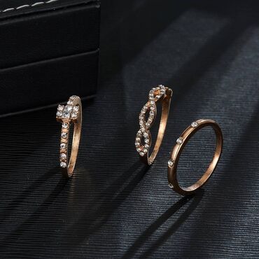 золотые кольца 585: Кольцо - набор - 3 шт, цвет розовое золото с горным хрусталем, размер