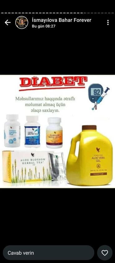 Vitaminlər və BAƏ: Forever Living şirkətinə məxsus sarı rəngli Aloe Vera Gel içkisi. Bu