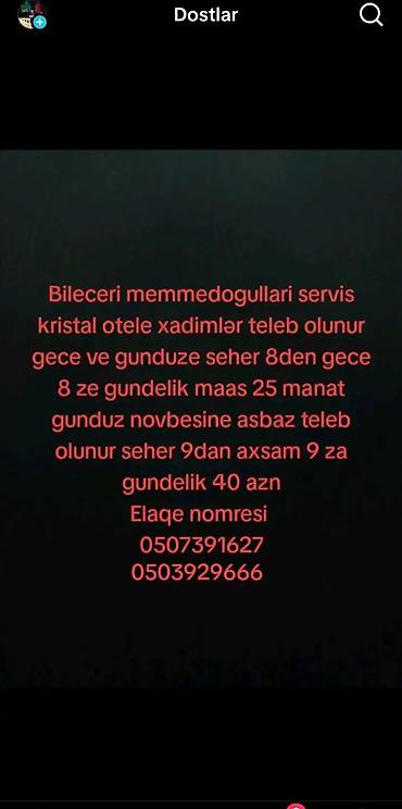 socar elektrik vakansiya: Vakansiya: Kristal otel üçün işçi və aşpaz - Yer: Biləcəri — 1