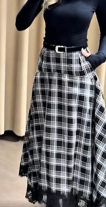 mini etek: Qara-ağ rəngli, xətli (plaid) naxışlı uzun ətək Yenidir alindigdan — 3
