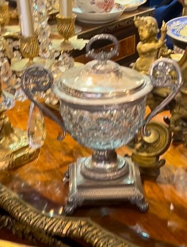 мойдодыр баку: Large Antique French Silver & Crystal Marmalade Covered jar Bowl