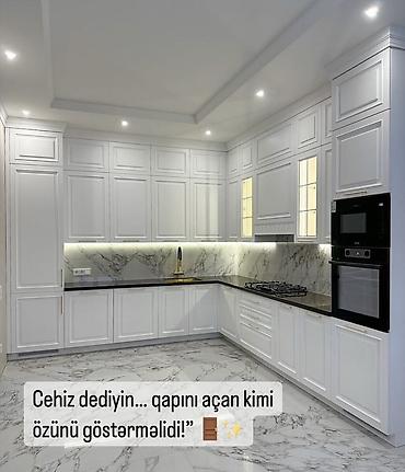 islenmis dolab: Klassik üslublu bəyaz mətbəx mebeli – L formalı layihə Xüsusiyyətlər — 1