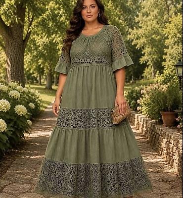 stich sat: Dugačka ženska haljina sa čipkom, boho/romantičan stil. - Rukavi: 3/4 — 4