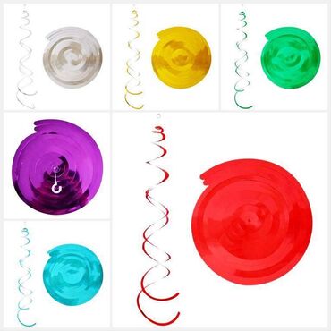 новогодние товары: Украшения в виде разноцветных фольгированных спиралей на день
