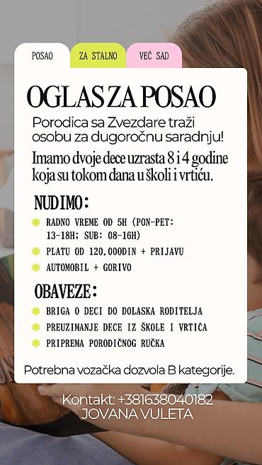 Pomoć u kući i čišćenje: Posao za stalno: Briga o deci 4 i 8 godina Porodica sa Zvezdare traži — 1