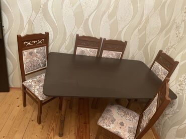 stol stul ev ucun: Qonaq otağı üçün, İşlənmiş, Açılmayan, Dördbucaq masa, 5 stul, Azərbaycan