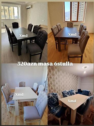 Masa və oturacaq dəstləri: Masa və 6 stul dəsti – Xmd • Komplekt: 1 yemək masası + 6 ədəd stul — 175