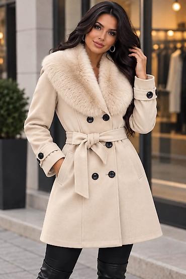 Kaputi: Ženski elegantni kaput sa krznenom kragnom - Model: dvoredni kaput A — 6
