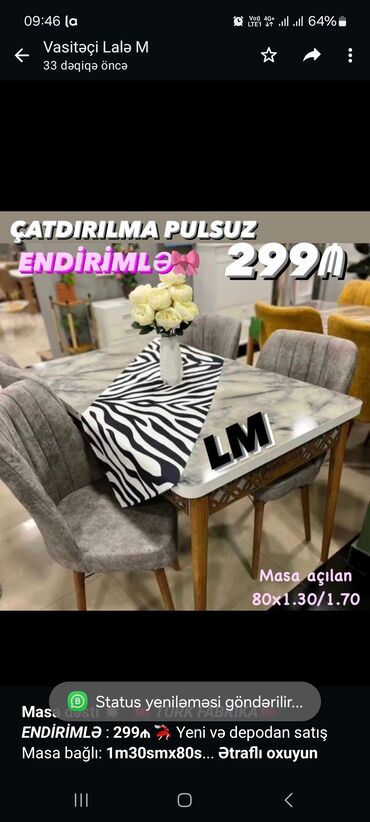 Sifarişlə masa və oturacaq dəstləri: *Masa dəsti* 💥 _🇹🇷 *TÜRK FABRİKA🇹🇷*_ _*ENDİRİMLƏ*_ : *299₼* 💃🏻 Yeni