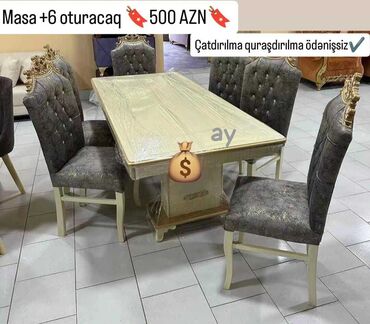 Masa və oturacaq dəstləri: Qonaq otağı üçün, Açılmayan, Dördbucaq masa, 6 stul