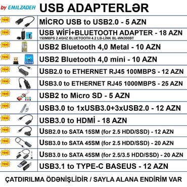 Masaüstü kompüterlər və iş stansiyaları: USB Adapterlər 🚚Metrolara və ünvana çatdırılma var, ❗ÖDƏNİŞLİDİR❗