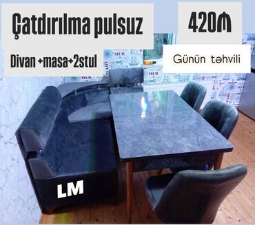 стол и стулья: 💫 Mətbəx dəsti Qiymət : 420₼ Divan:1.20x1.70 Masa açılan: 80×1.30