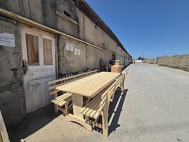 masa dəsti: Taxta bağ-balkon dəsti – uzun masa və iki tərəfli skamya Ölçüsü:90sm — 1