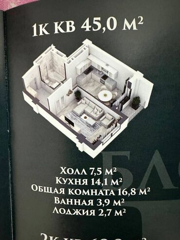 Продажа квартир: 1 комната, 45 м², Элитка, 13 этаж, ПСО (под самоотделку)