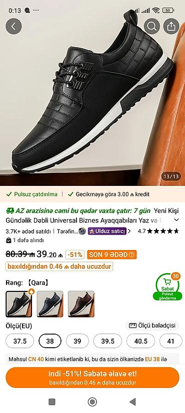 qara ayaqqabılar: Qiymət 20 azn mehsul ölçüsü 39 du. temudan vurulub qiymetine özünüz — 1