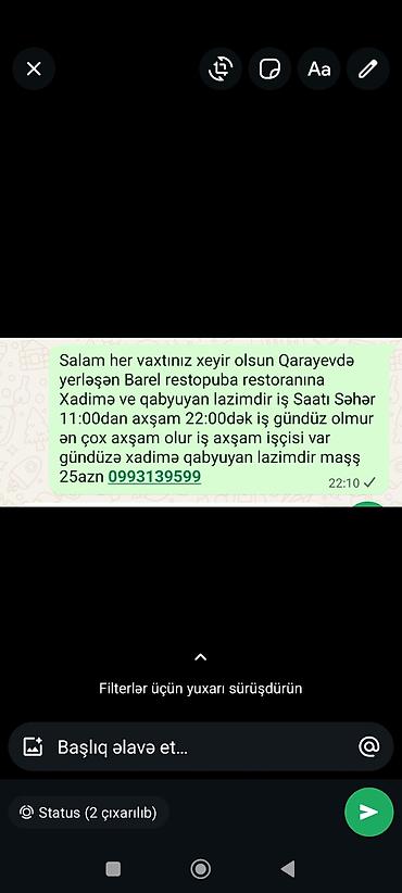 restaurant: Xadimə tələb olunur, Gündəlik ödəniş — 1