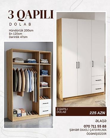 siyirmeli dolab: Yeni, 3 qapılı, Siyirməli, Ağ, Taxta, Açılan, Düz dolab — 1