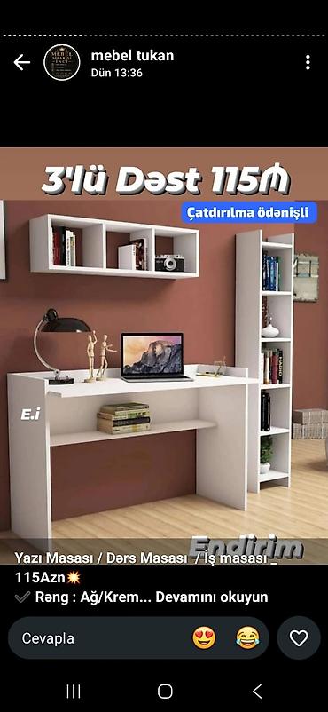 ağ vərəq: 3’lü mebel dəsti – yazı/dərs/iş masası + divar rəfi + şaquli kitab — 1