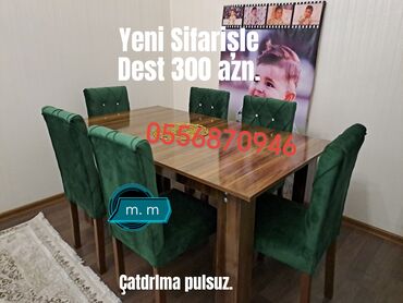 Masa və oturacaq dəstləri: Qonaq otağı üçün, Yeni, Açılmayan, Dördbucaq masa, 6 stul — 10