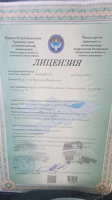sprinter 516: Пункт назначения: Алматы, Количество мест: 20, Лицензия №: 247383 — 7