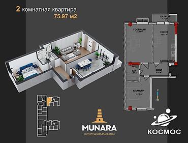 2 комнаты, 76 м², Нижний Джал (Джал-23) Элитка, 6 этаж, ПСО (под самоотделку)