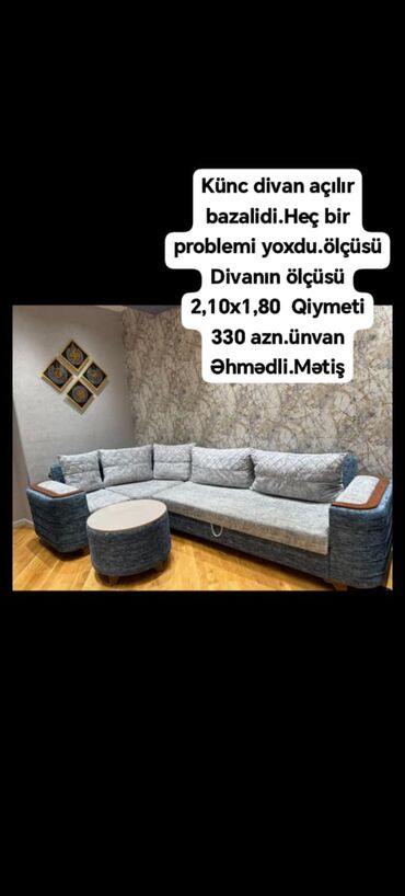 işlənmiş şiferler: Künc divan açılır bazalidi.Heç bir problemi yoxdu.ölçüsü Divanın