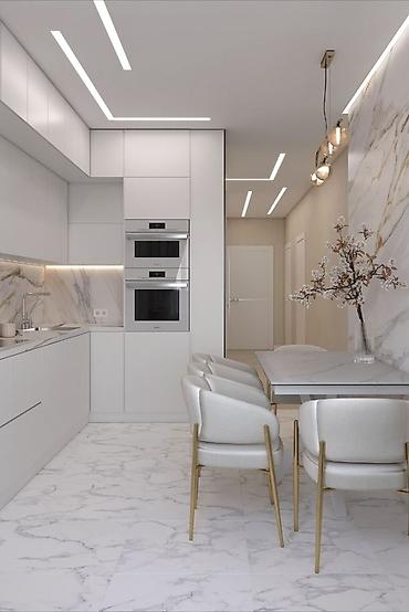 Кухонные гарнитуры: Кухонный гарнитур в современном стиле, выполненный в светлых тонах. Он — 2