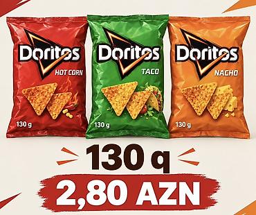 cipsi sekilleri: Doritos məhsulları – Hot Corn, Taco və Nacho dadları. 130 q. 1 ədədi — 1