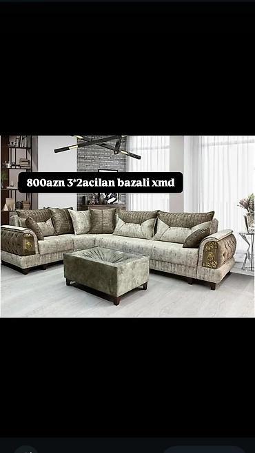 puflar: Künc divan dəsti – 3×2 açılan, bazalı (xmd). Qiymət: 800 AZN — 1