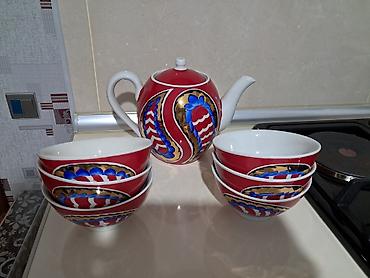 caydan caynik desti: Çay dəsti, rəng - Qırmızı, Farfor, 6 nəfərlik — 1