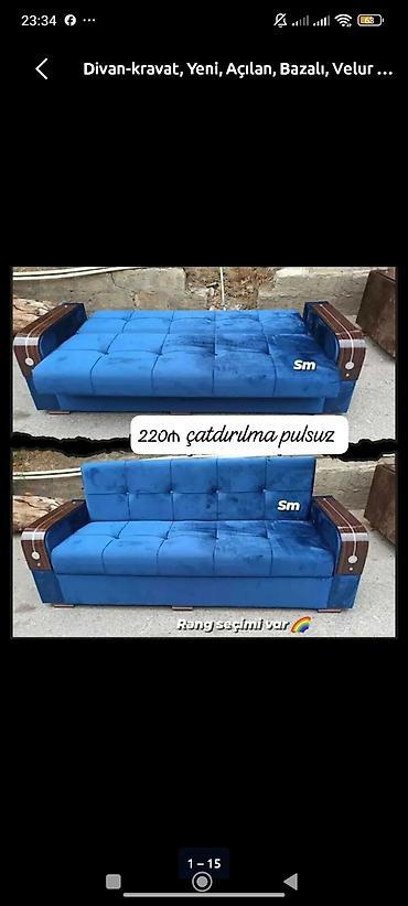 Divanlar: Divan‑kravat, açılan, bazalı, velur örtüklü. - Model: Qollu, taxta — 1