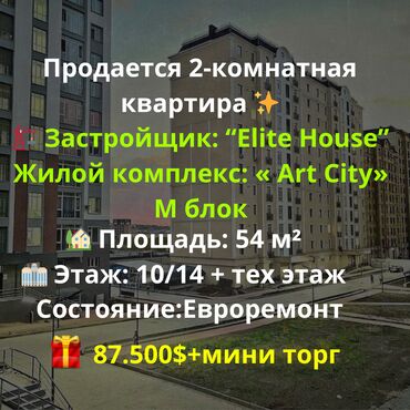 квартира бишкек 2 комнат: 2 комнаты, 54 м², Элитка, 10 этаж, Евроремонт