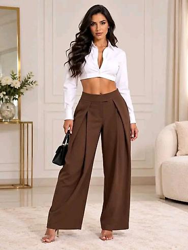 enter pantalone: Ženske elegantne pantalone sa visokim strukom i širokim nogavicama - — 2