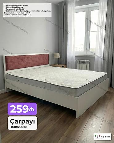 Мебель: Məhsul: Çarpayı Ölçü: 160×200 sm Qiymət: 259 ₼ Xüsusiyyətlər: - — 1