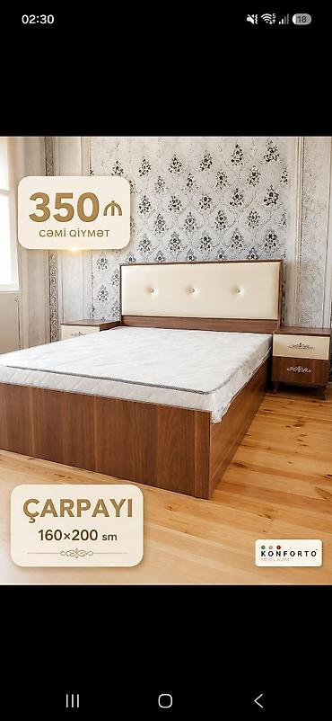 tumbalar: Çarpayı – 160×200 sm - Taxta gövdə, isti qoz rəngində örtük - Yumşaq — 1