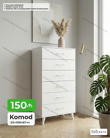 Komodlar: Ağ rəngli yüksək komod – 5 çekmecəli, minimal dizayn. Ölçülər: 33 × — 1