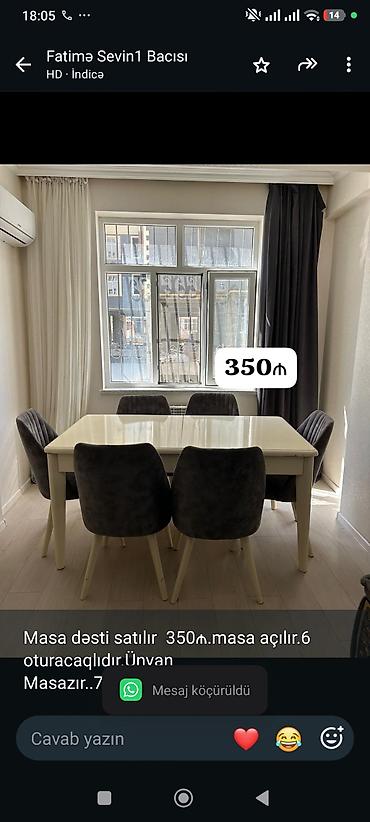 Masa dəsti satılır 350₼.masa açılır.6 oturacaqlıdır.Ünvan lalafo.az -da Masa dəsti satılır 350₼.masa açılır.6 oturacaqlıdır.Ünvan
