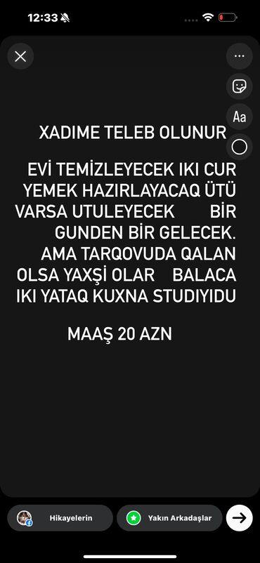 Ev qulluqçuları: Ev qulluqçusu tələb olunur, Dəyişən növbəli, 3-5 illik təcrübə, Gündəlik ödəniş