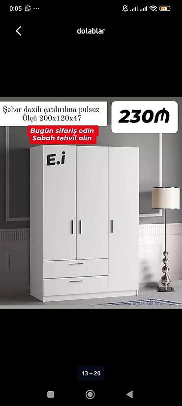 Ağ rəngli üç qapılı paltar dolabı - Ölçü: 200 x 120 x 47 sm (şəkildə