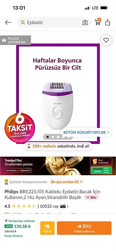 epilyator qiymetleri: Trendyoldan 130a alınıb 50ye satılır 1defe istifade olunub yenidir tam — 1