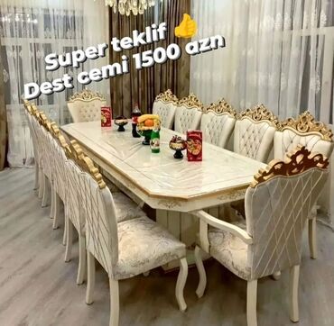Masa və oturacaq dəstləri: Qonaq otağı üçün, Yeni, Açılmayan, Dördbucaq masa, 12 stul